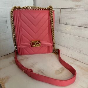 Chanel Pink Chevron Quilted Lambskin North-South Le Boy